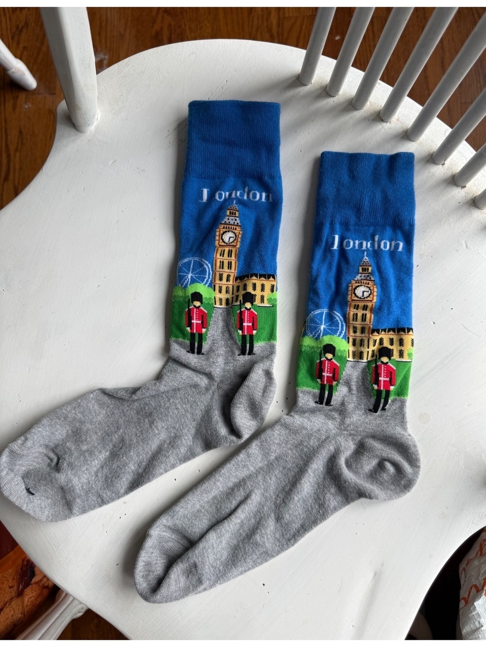 Novelty London-Themed Crew Socks with Big Ben and Guards Design